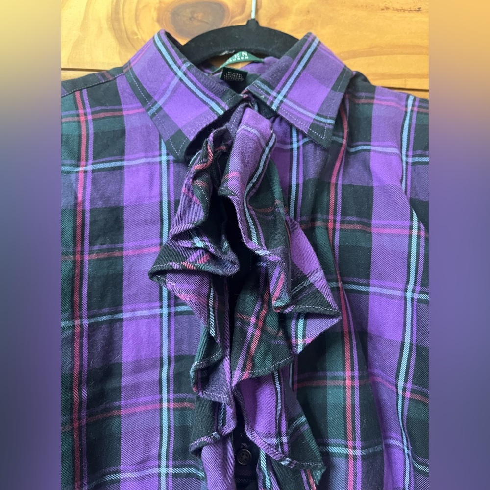 Lauren RALPH LAUREN Ruffle purple plaid blouse sz small classic preppy button up